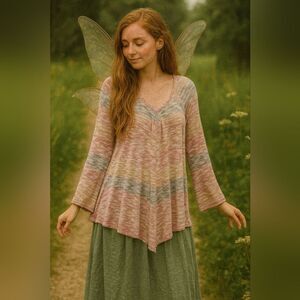 Pink Gray L/S Knit Tunic L Vneck Bohemian Fairy Grunge Ethereal Romantic Whimsy